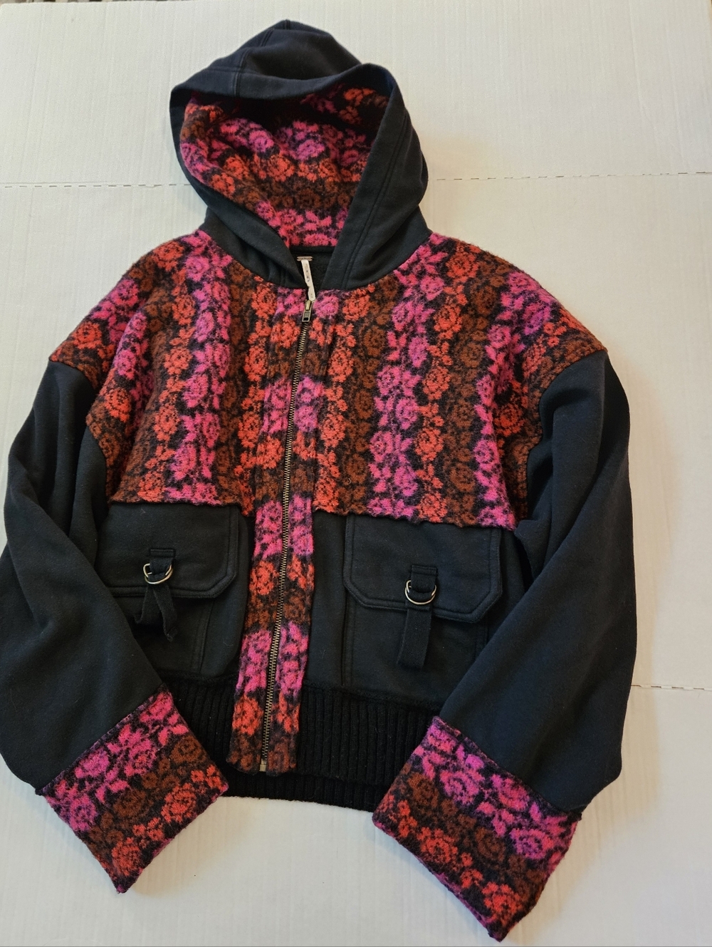 Free People Rockwell Sweater Hoodie Bomber Jacket Pink Black Floral Boho, M - Picture 5 of 15